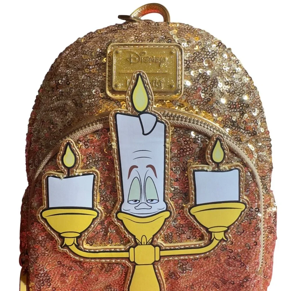 Disney Loungefly Beauty & The Beast Lumiere Mini Backpack With Sequins & Gold Ac - Picture 2 of 6